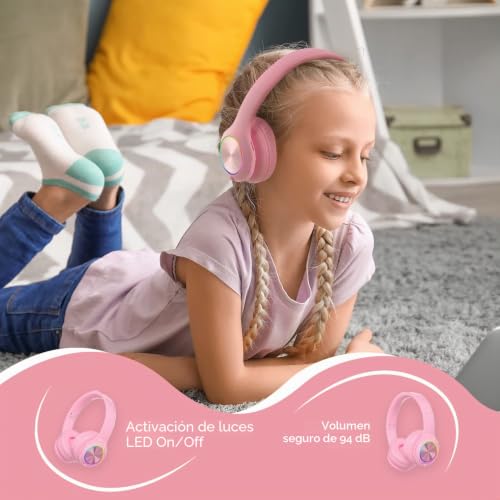 Miniatura 5 de Powerlocus Auriculares Inalámbricos Diadema Para Niños, Cascos Bluetooth Con Micrófono Incorporado, Auriculares Plegables,Luz Led,Soporte Micro Sd Tf,94db Volumen Limitado Seguro Para Celulares Pc Tv
