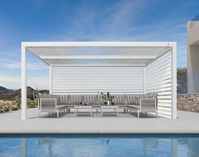 PURPLE LEAF Louvered Pergola 10' x 16' White Outdoor Aluminum Pergola Adjustable Gazebo Rainproof for Patio Deck Garden, 1 Long Side and 1 Short Side