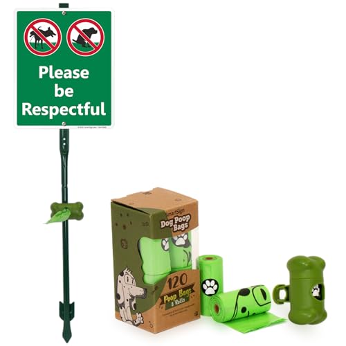 SmartSign Please Be Respectful Yard Sign & Clip-On Preloaded Dispenser Combo/Kit with 135 Dog Poop Waste Bags, 10