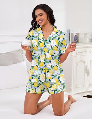 Image of SHESHOW Satin Pajamas for Women Set Preppy Animals Pjs Short Sleeve Shorts 2 Piece Loungewear Sets XS-XXL
