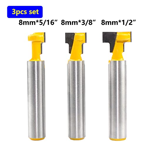 Whcctl Freesschacht, 3-delig, 8 mm T-groeffrees, hardmetaal, frezen, gereedschapset, houtbewerkingsgereedschap, bitset, T-sleuf, frees voor gangbare zeskantschroeven