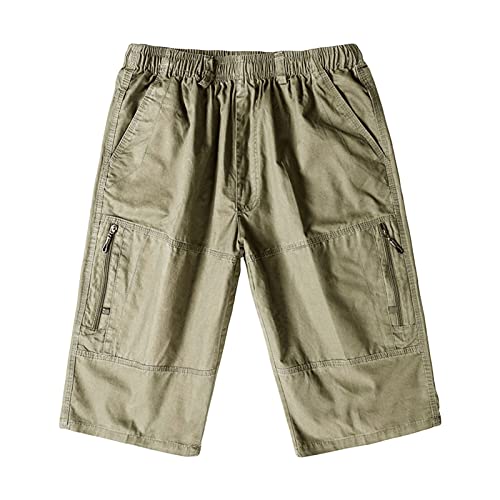 Maiyifu-GJ Men's Outdoor Zipper Pocket Cargo Shorts Elastic Waist Hiking Tactical Shorts Multi Pockets 3/4 Long Short Pants (Khaki,Large)