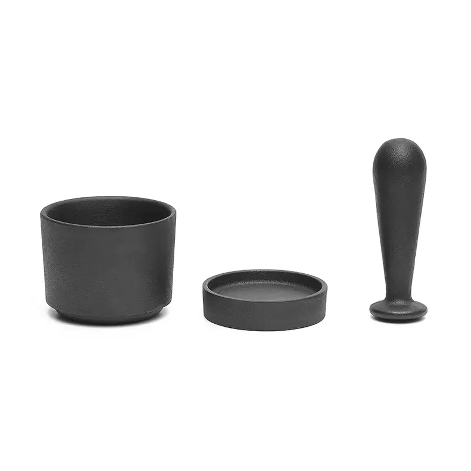 Knoblauchpresse Edelstahl Mörser- und Stößel-Set aus Eisen, Saucenmischschüssel mit mattschwarzer Außenseite, stilvoller dunkler Mühle und Zerkleinerer, 4,2 Zoll Knoblauchzerkleinerer