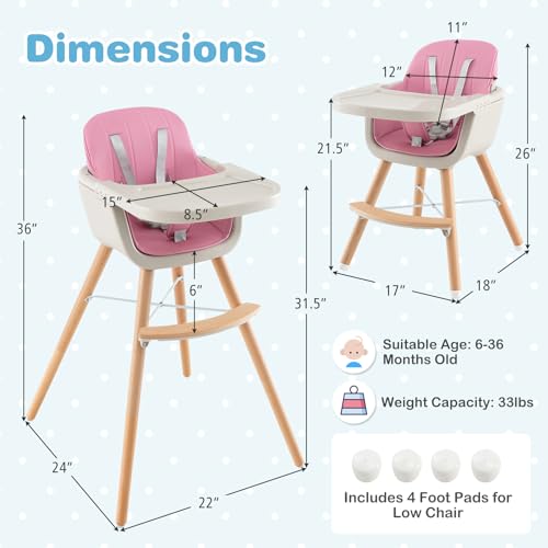HONEY JOY Baby High Chair, 6-in-1 Eat & Grow Wooden Highchair/Toddler Chair with Removable Tray, 5-Point Harness, PU Cushion and Footrest, Convertible High Chair for Babies and Toddlers(Pink)