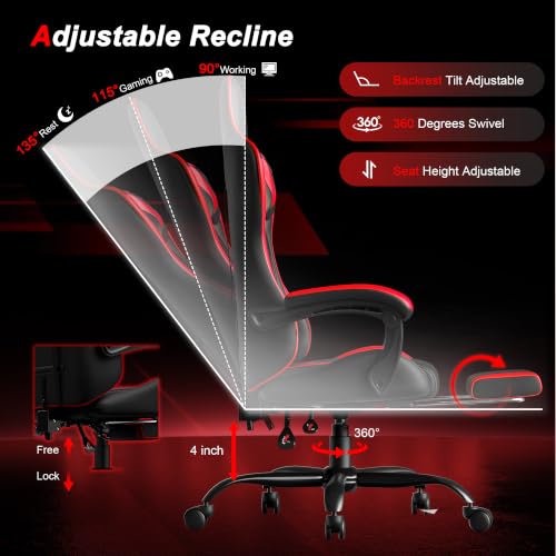 Image of Gaming Chair, Ergonomic Computer Chair with Footrest and Lumbar Support, Height Adjustable Video Game Chair with 360 Swivel Seat and Headrest for Office, Home, Streaming and Gaming (Red)