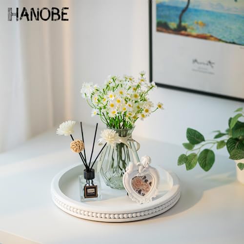 Hanobe Decorative Coffee Table Tray: White Beaded Round Serving Tray Modern Farmhouse Wooden Circle Centerpiece Tray Decor for Home Living Dining Room Kitchen Counter Bathroom by Hanobe - Image 3