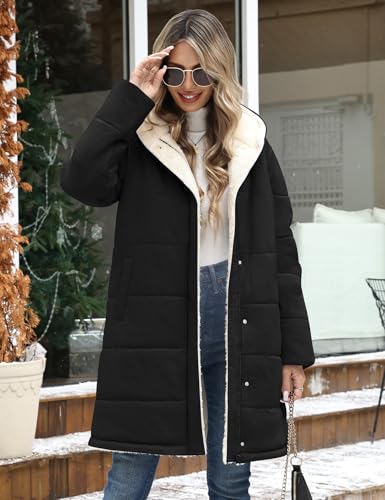 Vancavoo Wintermantel Damen Winterjacke Warm Gefüttert Steppmantel Winterparka Winter Jacket Mäntel Parka Frauen Daunenmantel mit Kapuze,Schwarz,L