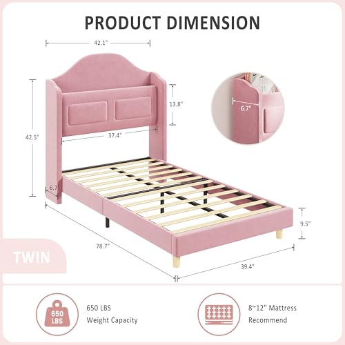 Garveehome Twin Bed Frame for Kids, Upholstered Velvet Princess Platform Bed for Boys/Girls with Wingback, Storage Bookcase Headboard & LED Light, No Box Spring Needed, Noise-Free, Easy Assembly, Pink
