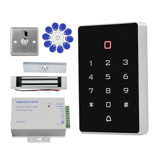 AccessShield Tastiera di controllo accessi sicura per casa e serratura elettrica, alimentazione a 12 V, pulsante di apertura porta con 10 portachiavi ID, 125 kHz