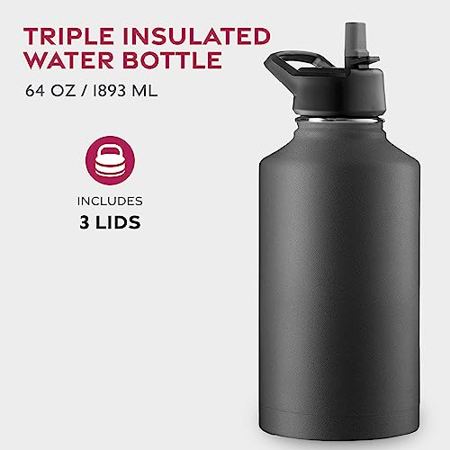 Insulated Water Bottle with Straw - 64 oz Stainless Steel - 3 Lids - Reusable for Travel, Camping, Sports - Black