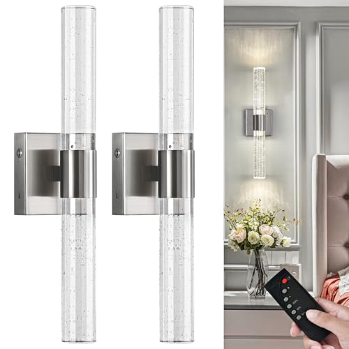 CCYCOL Wireless Wall Sconces Set of Two Battery Operated, 4000K Dimmable Crystal LED Bathroom Sconces Wall Lighting Modern Indoor Nickel Wall Lights for Bedroom Living Room