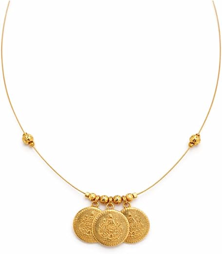Lakshmi Kasu Necklace for Women – Gold Plated Invisible Chain Pendant Necklace with Traditional Temple Coin Design, Lightw...