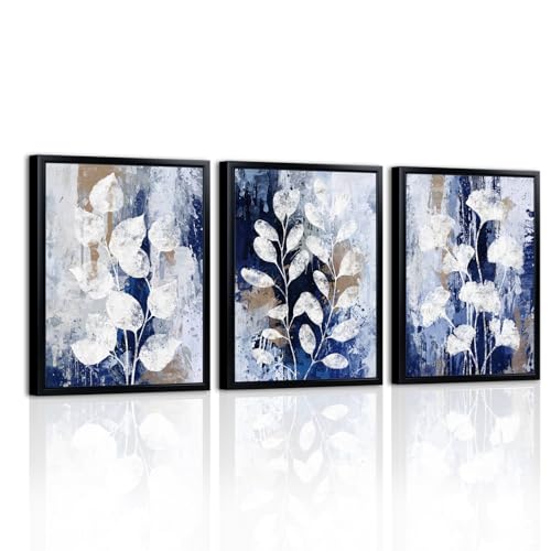 LevvArts Botanical Leaves Wall Art Framed Navy Blue and White