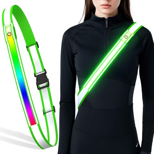 Samlior LED Reflektierende Gürtelschärpe, 5 Farben 3 Lichtmodi Aufladbar LED Licht Reflektierende Laufausrüstung Nachts, Hohe Sichtbarkeit Reflexgürtel Zum Laufen Gehen Radfahren (Grün)