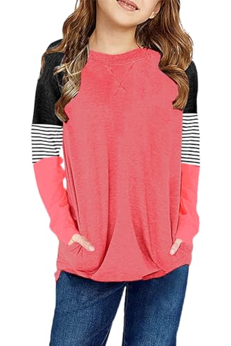 Image of SELINK Girls Big Kids Long Sleeve Striped Color Block Pocket Tees | Casual Loose Fit With Side Pockets,Soft Stretch Polyester Blend For Big Girls Daily&Back To School Wear