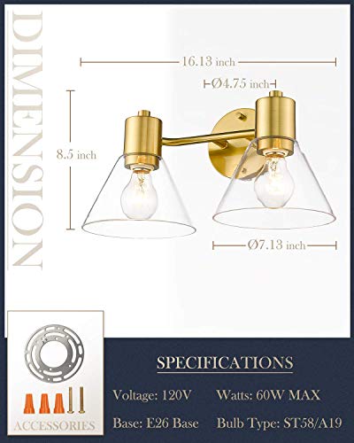 Gold Bathroom Vanity Light Fixtures, LMS 2 Light Bathroom Light Fixtures with White Glass Shade, LMS-100