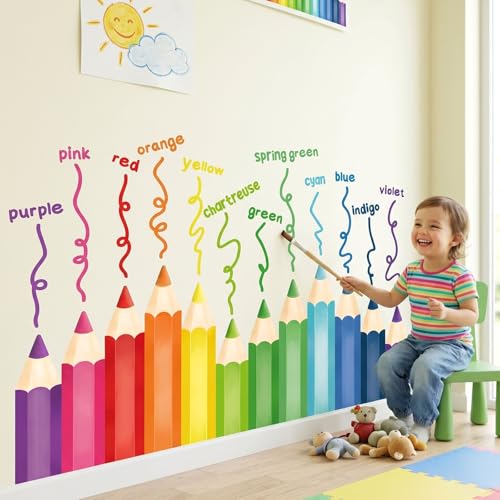 Image of DECOWALL Educational Pencil Crayons Wall Stickers Learning Color Educational Decals for Kids Girls Boys Room Bedroom Nursery Classroom Playroom Peel Stick Art Living Classroom (SG2-2417)