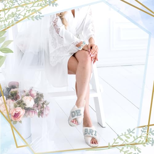 3 Pcs Bride to Be Gifts Set Bride Slippers Something Blue Hair scrunchie Pearl Headband for Wedding Day Engagement Bachelorette Party Supplies Bridal Shower Gifts4