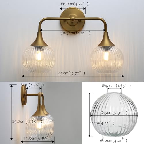 Image of Pathson 2-Lights Globe Wall Sconce Light, Striped Glass Bathroom Wall Vanity Lamp for Mirror, Hardwired Vintage Wall Sconce Lighting for Wall Painting Living Room Bedroom Farmhouse