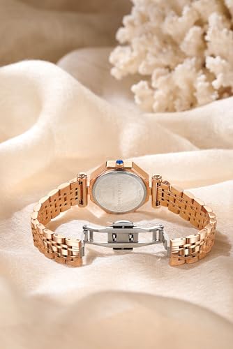 Image of Giordano Dress Watch for Women - Rose Gold Finish, Diamond Accented Octagonal Dial & Stainless Steel Strap