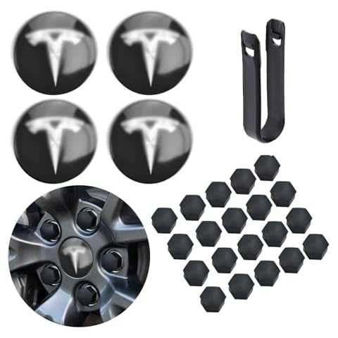 Car Wheel Center Hub Cap Kit with Logo Hubcaps Accessories for TES la Model 3 Model Y 4 Black & Sliver Hub Center Caps + 22 Black Lug Nut Covers (Black&Sliver) Cover