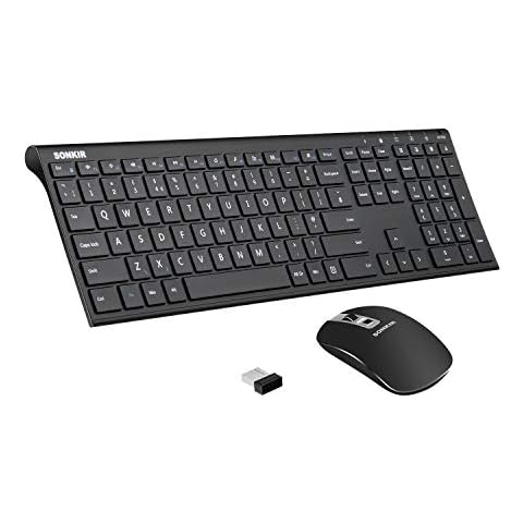 Wireless Keyboard Mouse Combo, Sonkir K-18 Full-Size Ergonomic 2.4G Cordless Keyboard with Protective Film and Silent Mouse Set for Windows Computer PC Laptop Desktop - Black Cover