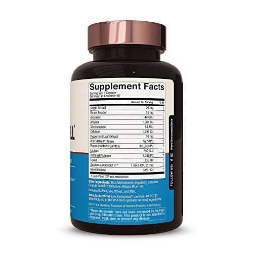 Live Conscious DigestWell Immediate Support - Fast-Acting Digestive Support | Broad Spectrum Enzyme, Probiotic & Herbal Formula - Decreases Everyday Gas & Bloating - 90 Capsules