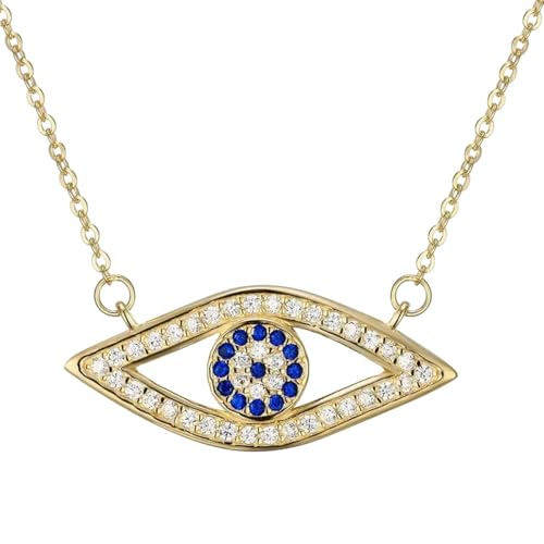 Collier Hamsa argent 925 avec cristaux bleus, chaîne longue et pendentif or