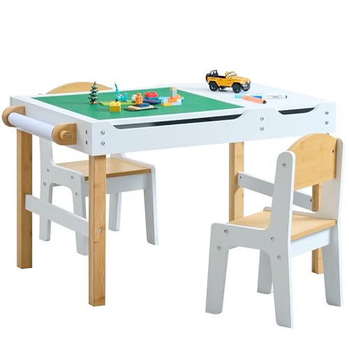 XNKL Kids Activity Table with Storage, 3 in 1 Kids Table Compatible with Lego Building Block for Boys Girls, Wooden Desk Reversible Tabletop for Toddler Arts,Drawing, Reading
