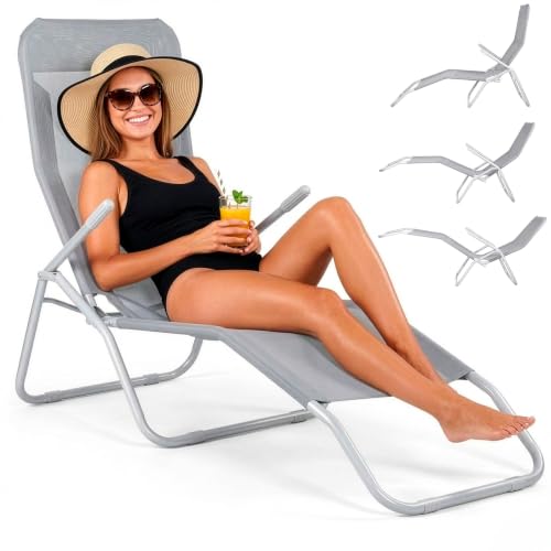 SPRINGOS Chaise Longue basculante Bain de Soleil Relax-Position d'équilibre Chaise Longue de Jardin en métal Fauteuil inclinable d'été