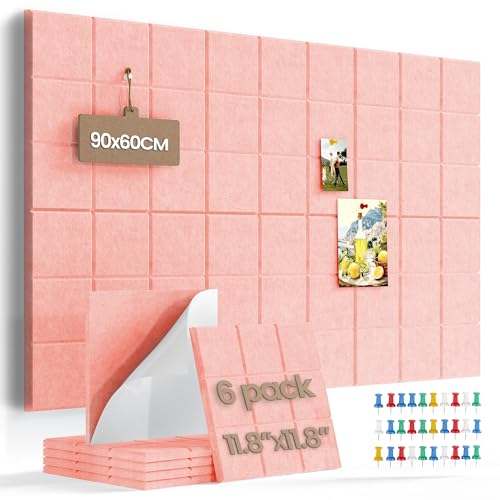 Uoisaiko Große Filz Pinnwand Selbstklebend mit 30 Pinnnadeln, 6 Stück 30x30cm Filzboard Memotafeln Memo Boards Bulletin Board Wanddekoration für Büro Küche, Fotos Memos (Rosa)