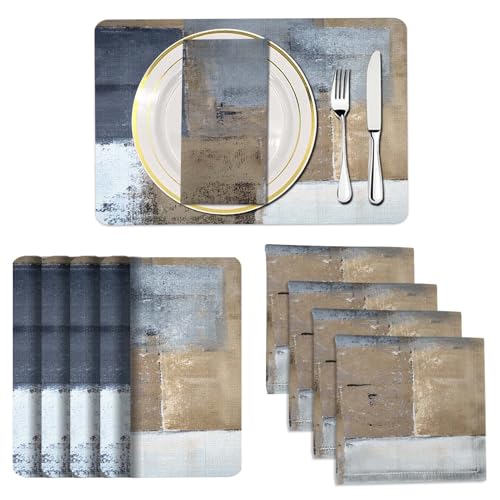 Mcalk 4 Each Brown Placemats and Cloth Napkins Set of 8, Modern Art Placemat, Abstract Dark Grey Cloth Napkin for Home Kitchen Decor (Placemats 18 "x12 Napkins 18 "x18)