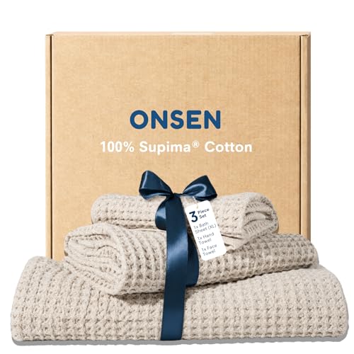 ONSEN Supima® Waffle Bath Sheet Set, Quick Dry Lint Free 100% USA Cotton, Large Bath Sheet Hand and Face Towel Bundle, 3 Piece (Oatmeal, Bath Sheet Set)