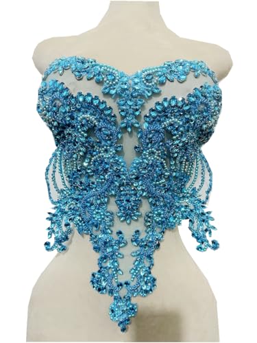 Handmade red/Blue/Gold/Green Rhinestones lace Bodice Applique Sewing Beads Crystal Trim Patches Accessory for Dress Clothes (SkyBlue)