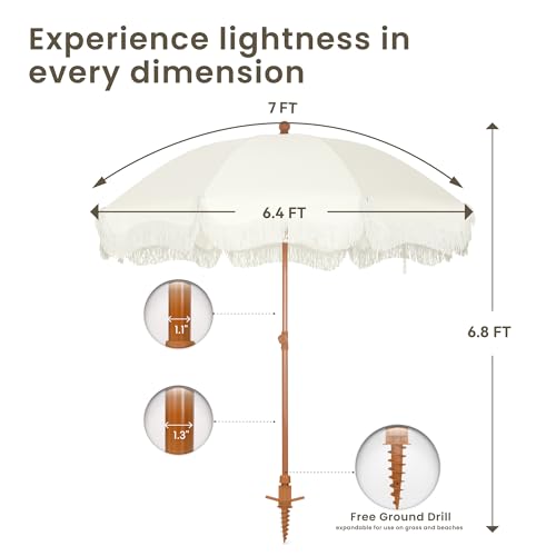 PHI VILLA 7ft Fringe Beach Umbrella White with Sand Anchor, Outdoor Patio White Portable Beach Umbrella for Sand with Tassels, Push Button Tilt & Carrying Bag, UPF 50+ by PHI VILLA - Image 3