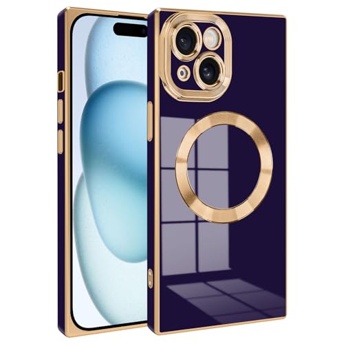 Coque iPhone 15 violette magnétique transparente avec dos antichoc
