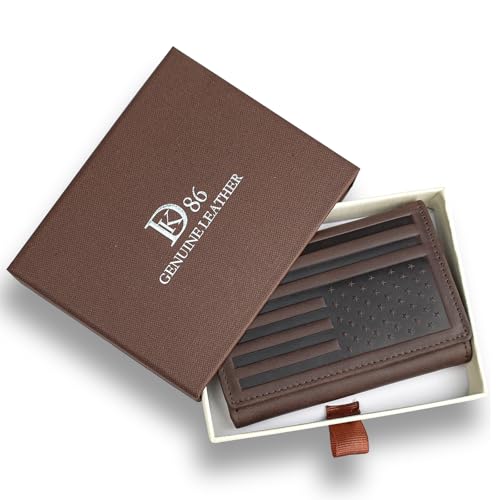 Image of DK86 US Flag Trifold Wallets for Men American Flag Wallet Full Grain Leather Tri-Fold Wallet RFID Blocking (vintage coffee with us flag)