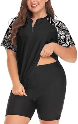 Inno Plus Size 2-Piece Women's Swimsuit with Zip Front Rash Guard Shirt