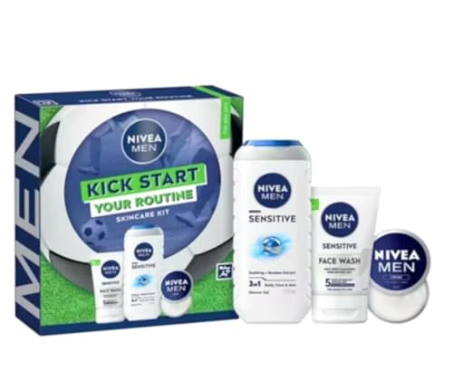 NIVEA MEN Kick Start Routine Gift Set Sensitive Shower Gel 250ml Face Wash 100ml Creme 30ml