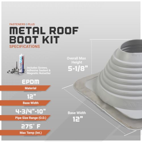 Image of Fasteners Plus #6 Square EPDM Metal Roof Pipe Flashing Boot with Complete Install Kit (Fits 4-3 /4 inch - 10 inch Pipe OD), Gray