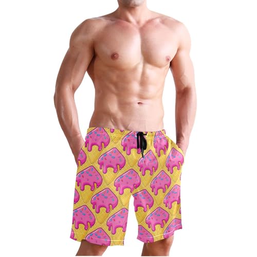 Quick Dry Ice Cream Waffle Cone Men's Swimming Shorts Swim Trunks with Mesh Lining Beach Wear - S3