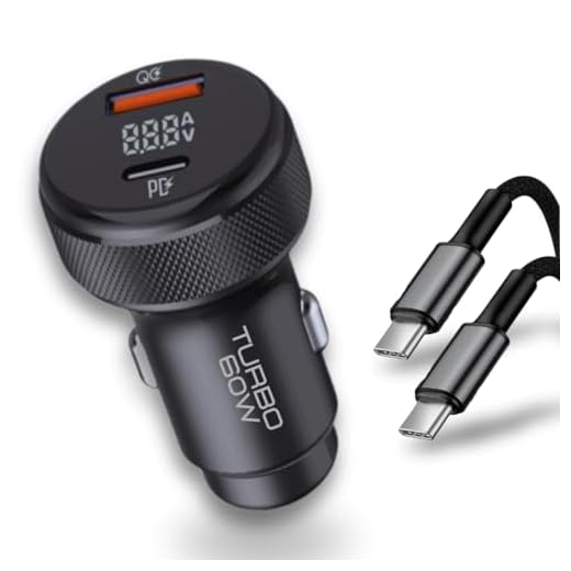Carregador Veicular Turbo 60W Duas Portas | Carregamento Ultra Rápido USB 3.0 | 9,1A, Entrada USB e Tipo C | + Cabo Tipo C - Tipo C | Produto Premium