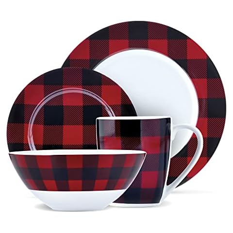 Safdie & Co. 16-Piece Red, Black Plaid Dinnerware Set, Porcelain, Includes Bowls, Plates, and Mugs, Dishwasher Safe Cover
