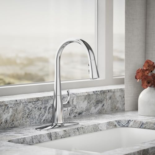 Image of KOHLER 597-CP Simplice Pull Down Kitchen Faucet, 3-Spray Faucet, Kitchen Sink Faucet with Pull Down Sprayer, Polished Chrome
