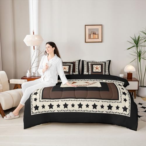Image of Western Texas Star Bed in a Bag King Size Comforter Set 7-Piece | Black Stars Western Bedding Sets Exotic Nordic Grunge Circle Comforter and Sheet Set,Southwestern Native Ethnic Tribal Boho Decor