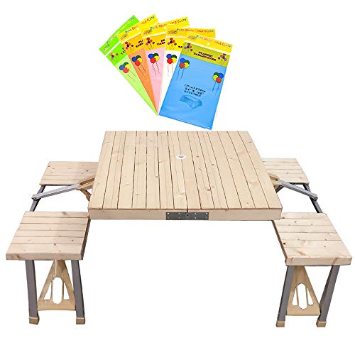 MOAMUN Mesa de Picnic y Playa, Mesa de Camping de Madera Maciza portátil, Mesa Ligera con 4 Asientos para Barbacoa, Fiesta y Comedor, Patio, jardín