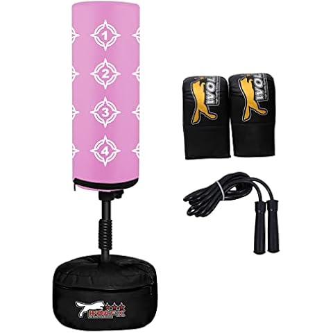 Wolfx Wolf New Kids Free Stand Bag Boxing Kick Boxing Punch Bag Stand Heavy Martial Arts Bag Mitt Skipping Rope Set UK Made (Pink) Cover