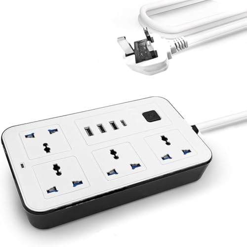 Image of 4 AC Sockets, 3 USB Ports, Type-C Port 2500W Rated Power, 10A Heavy Duty Extension Cord | Surge Protection for Home, Office, Hotels, PC 8-in-1 Power Strip (Black)