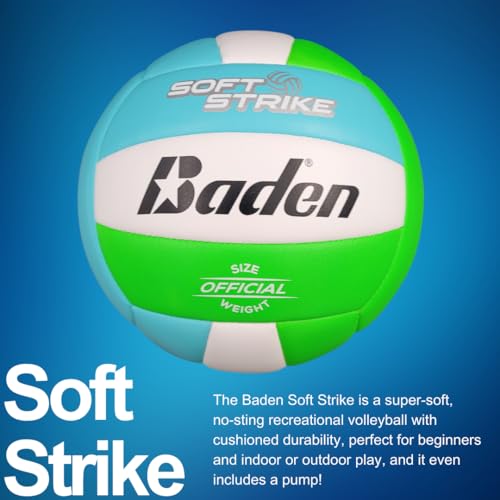 Baden | Soft Strike | Cushioned Synthetic Leather Recreational Volleyball | Indoor/Outdoor for Beginners & Youth | Official Size | Blue/Green/White - Thumbnail 2