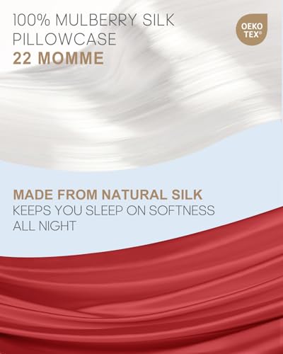 Image of THXSILK Set of 2 100% Pure Mulberry Silk Pillowcases for Hair and Skin, 22 Momme Zipper Silk Pillow Case Standard Size, Real Silk Pillowcases with Zipper (Red, King 20 inchx36 inch)